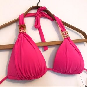 NWT NATORI hot pink gold detailing small bikini top tie